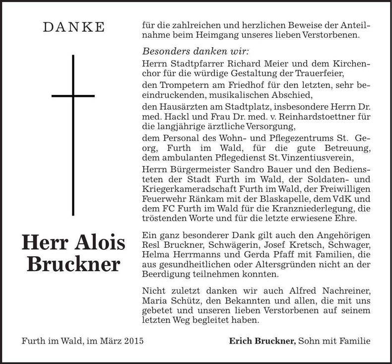 Traueranzeige Alois Bruckner