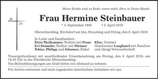 Traueranzeige Hermine Steinbauer