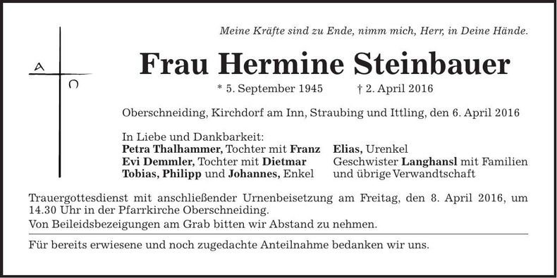 Traueranzeige Hermine Steinbauer