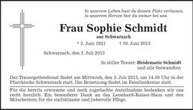 Traueranzeige Sophie Schmidt