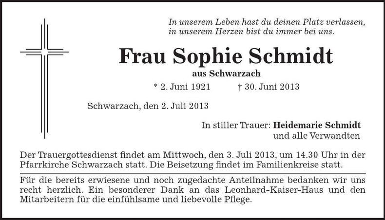 Traueranzeige Sophie Schmidt