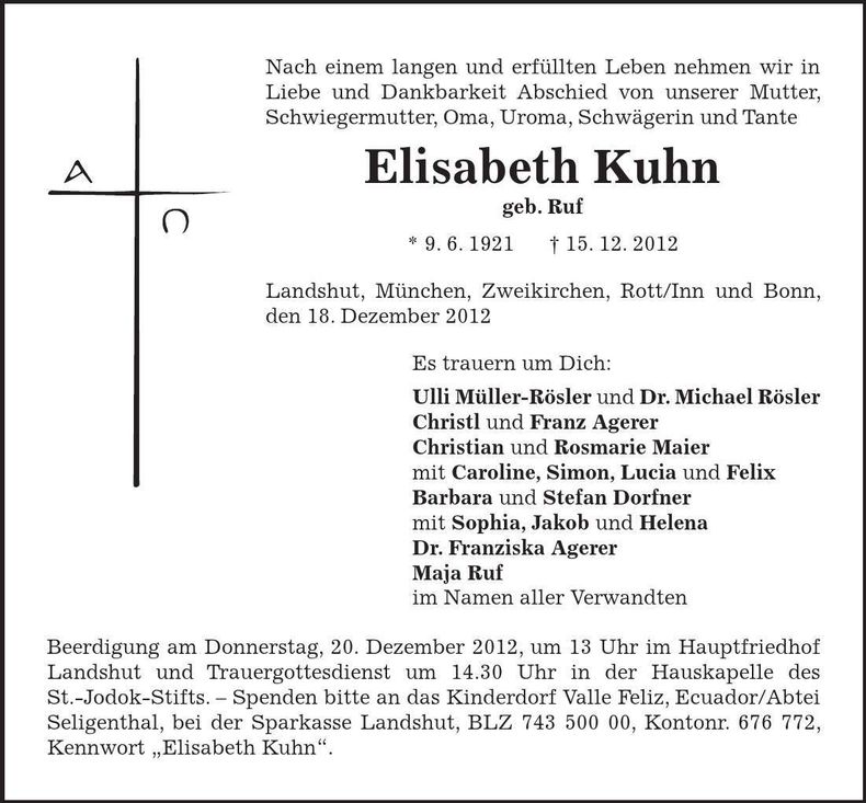 Traueranzeige Elisabeth Kuhn