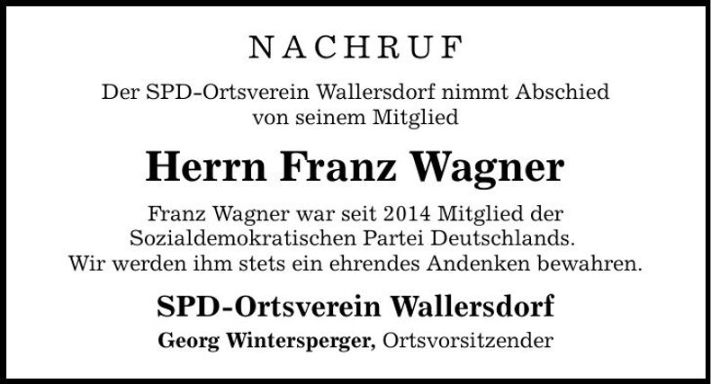 Traueranzeige Franz Wagner