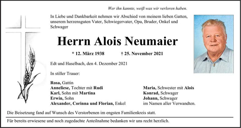 Traueranzeige Alois Neumaier