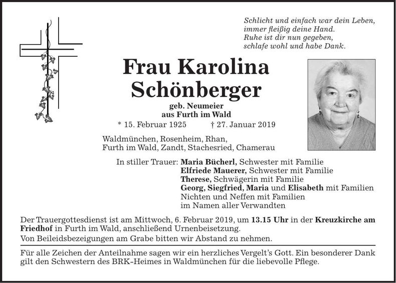 Traueranzeige Karolina Schönberger