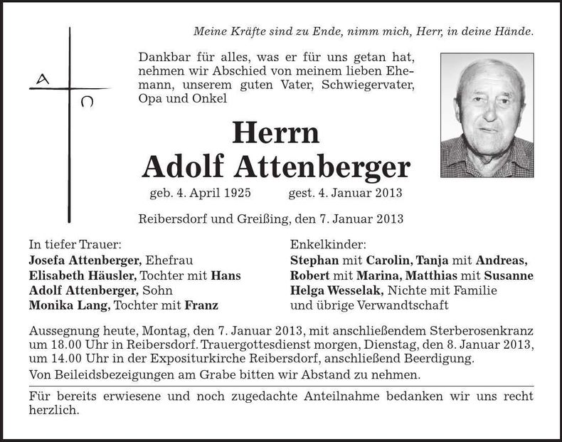 Traueranzeige Adolf Attenberger