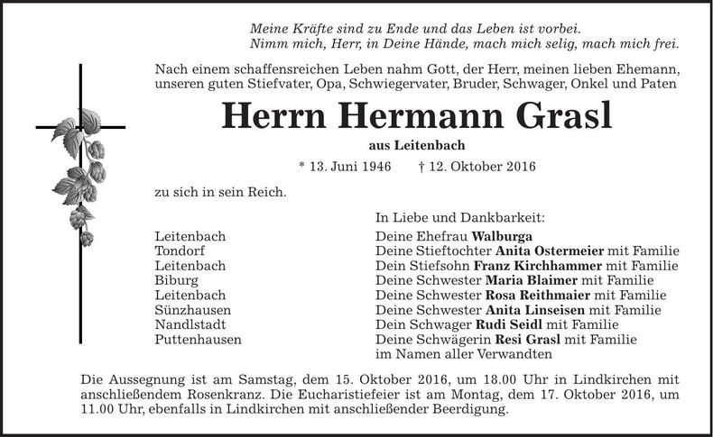 Traueranzeige Hermann Grasl