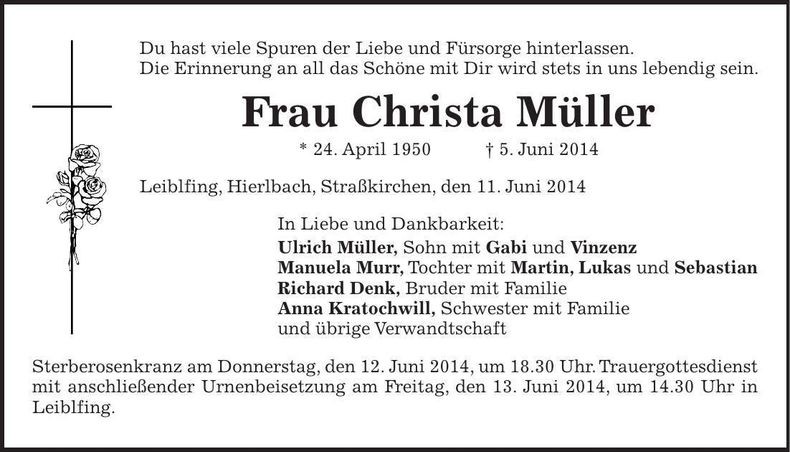 Traueranzeige Christa Müller