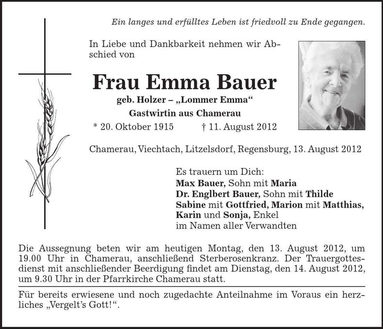 Traueranzeige Emma Bauer