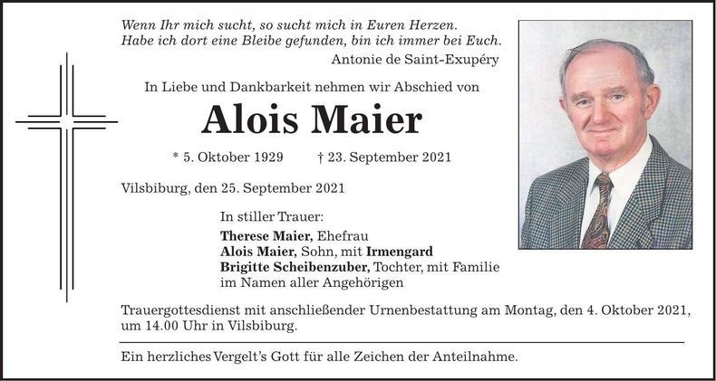 Traueranzeige Alois Maier
