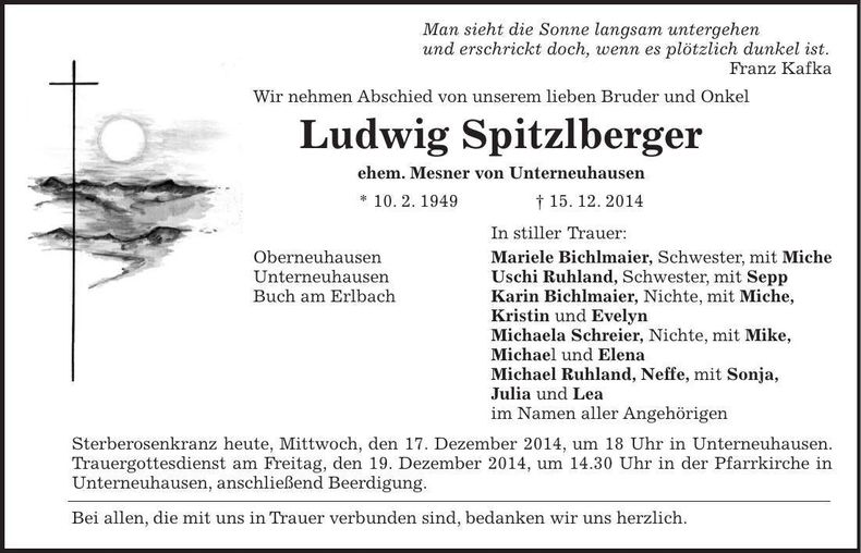 Traueranzeige Ludwig Spitzlberger