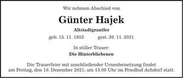 Traueranzeige Günter Hajek