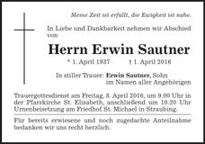 Traueranzeige Erwin Sautner