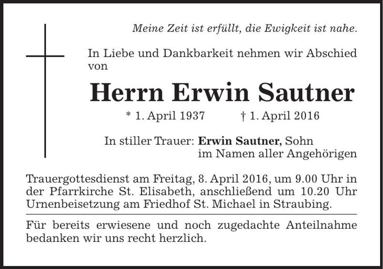 Traueranzeige Erwin Sautner