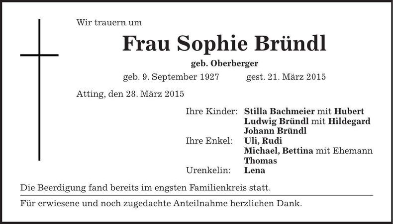 Traueranzeige Sophie Bründl