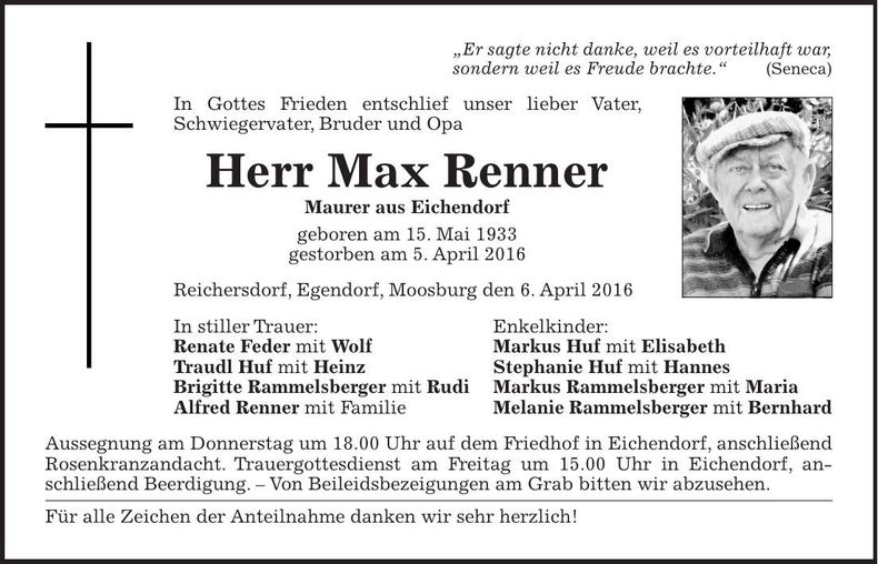 Traueranzeige Max Renner
