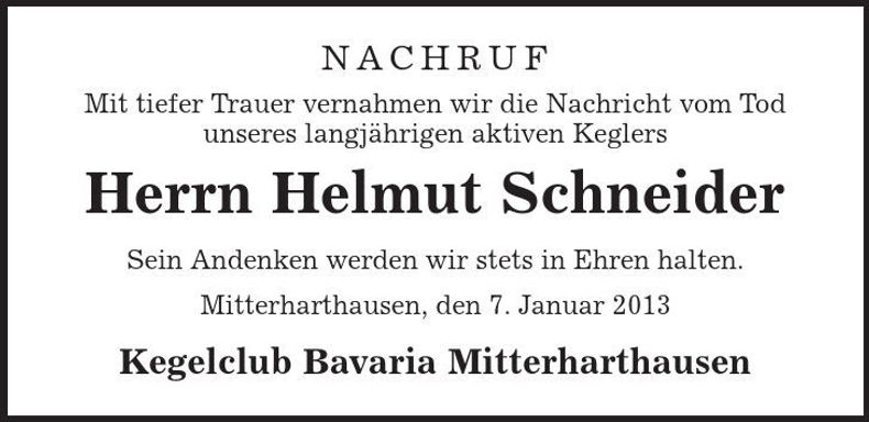Traueranzeige Helmut Schneider