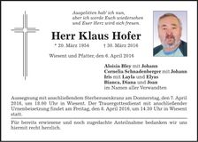 Traueranzeige Klaus Hofer