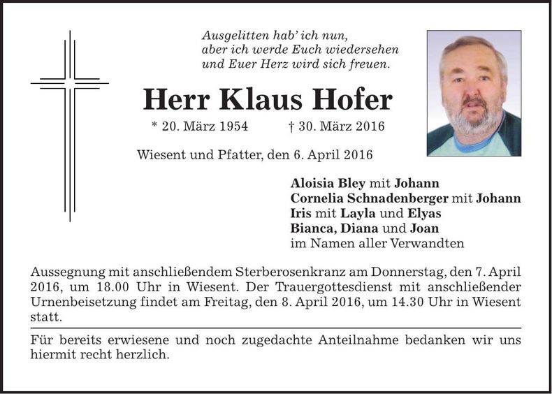 Traueranzeige Klaus Hofer