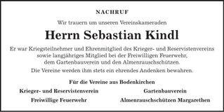 Traueranzeige Sebastian Kindl