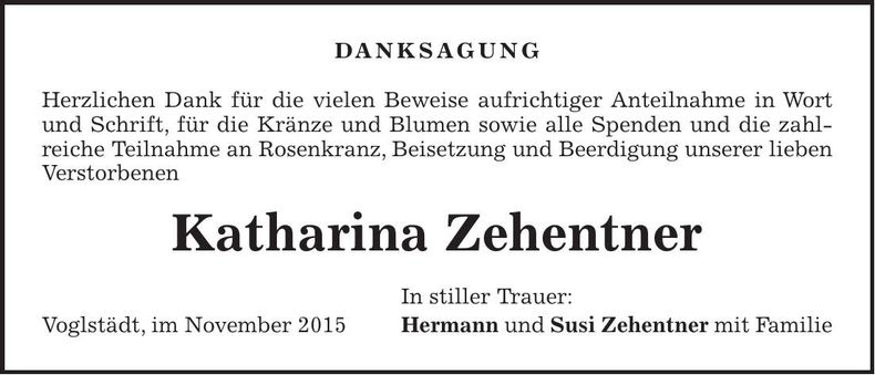 Traueranzeige Katharina Zehentner