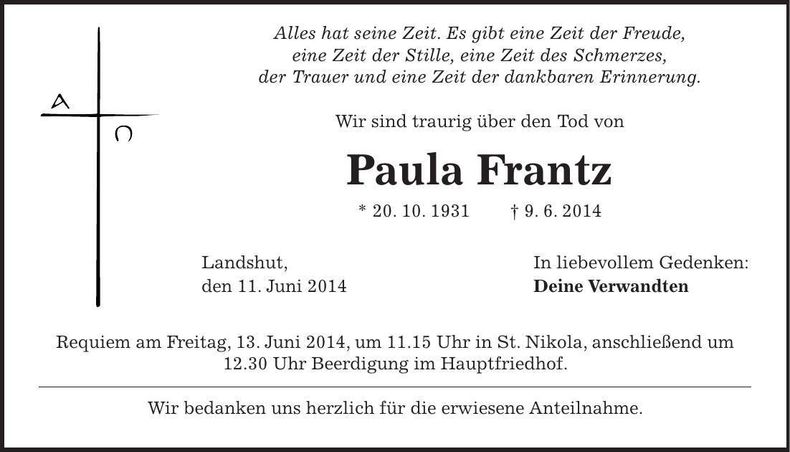 Traueranzeige Paula Frantz