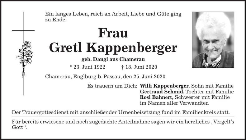 Traueranzeige Gretl Kappenberger