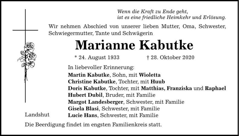 Traueranzeige Marianne Kabutke