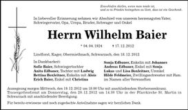 Traueranzeige Wilhelm Baier