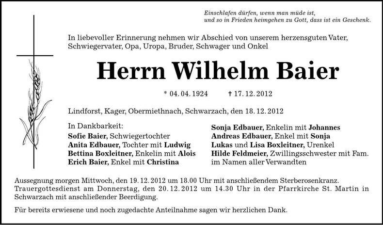 Traueranzeige Wilhelm Baier