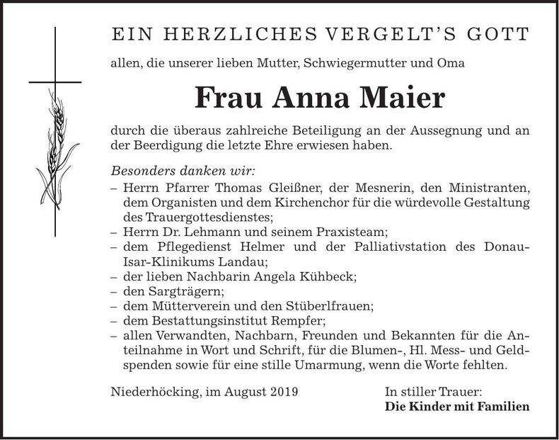 Traueranzeige Anna Maier