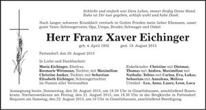 Traueranzeige Franz Xaver Eichinger