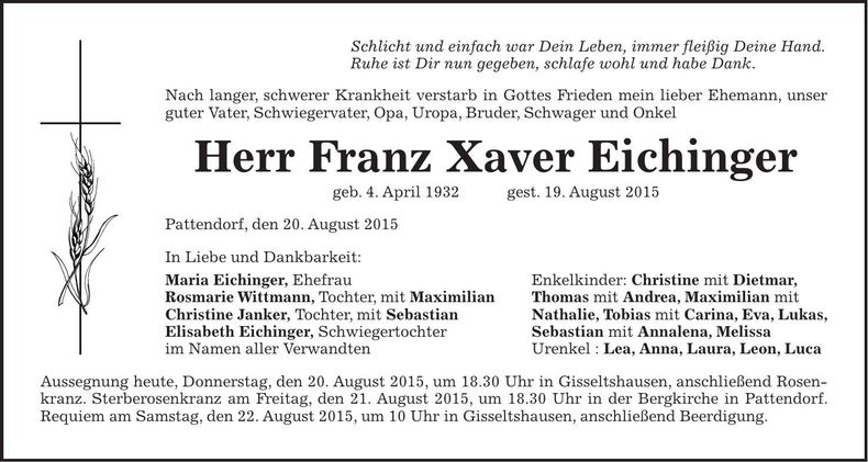 Traueranzeige Franz Xaver Eichinger