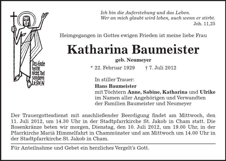 Traueranzeige Katharina Baumeister