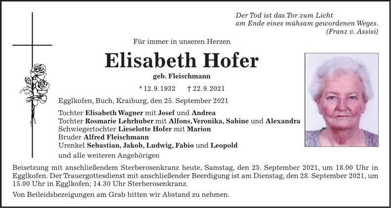 Traueranzeige Elisabeth Hofer