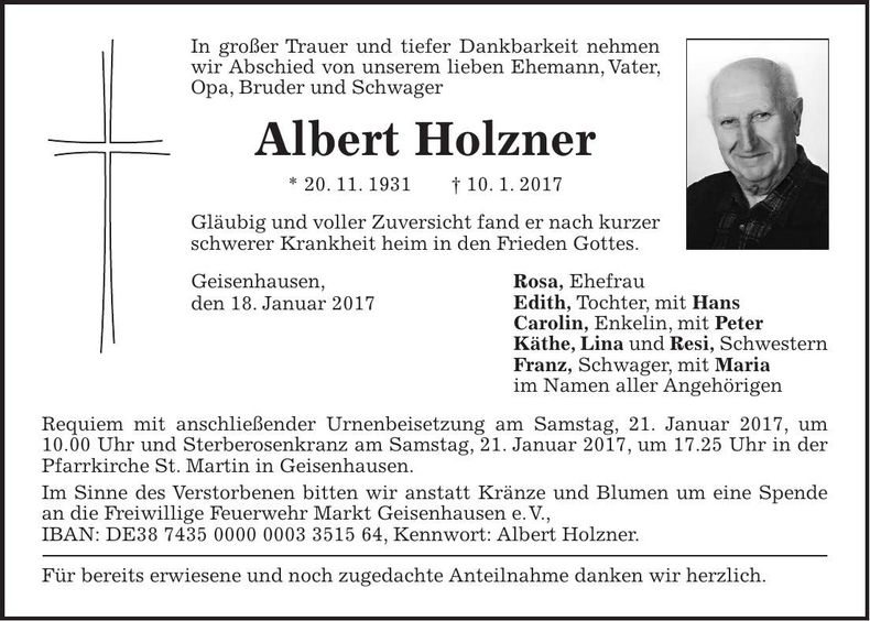 Traueranzeige Albert Holzner