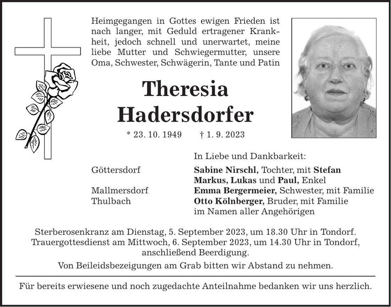 Traueranzeige Theresia Hadersdorfer