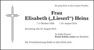 Traueranzeige Elisabeth ("Lieserl") Heinz