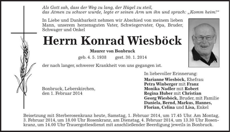 Traueranzeige Konrad Wiesböck