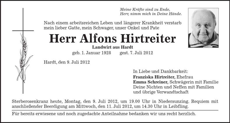 Traueranzeige Alfons Hirtreiter