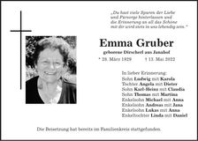 Traueranzeige Emma Gruber