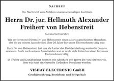 Traueranzeige Hellmuth Alexander Dr jur Freiherr von Hebenstreit
