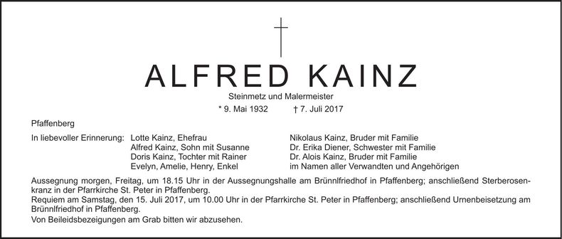 Traueranzeige Alfred Kainz