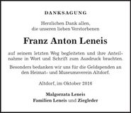 Traueranzeige Franz Anton Leneis