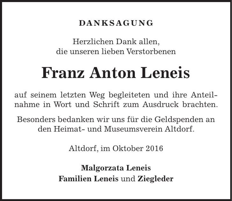 Traueranzeige Franz Anton Leneis