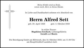 Traueranzeige Alfred Sett