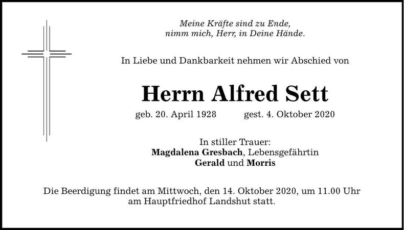 Traueranzeige Alfred Sett