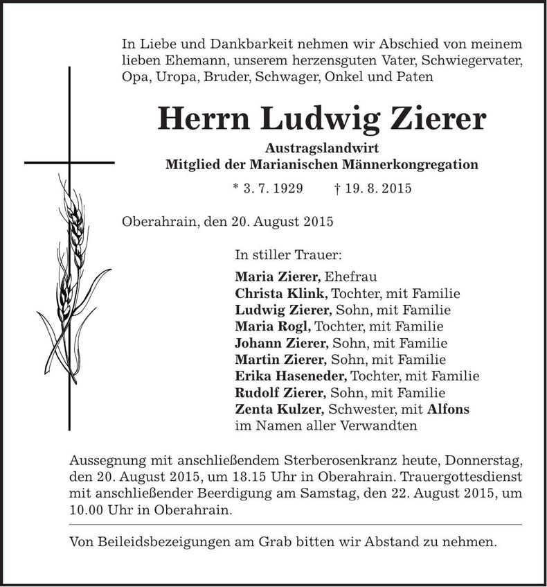 Traueranzeige Ludwig Zierer