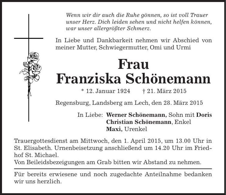 Traueranzeige Franziska Schönemann