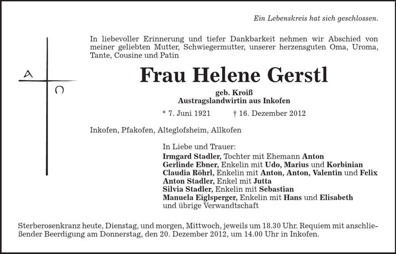 Traueranzeige Helene Gerstl